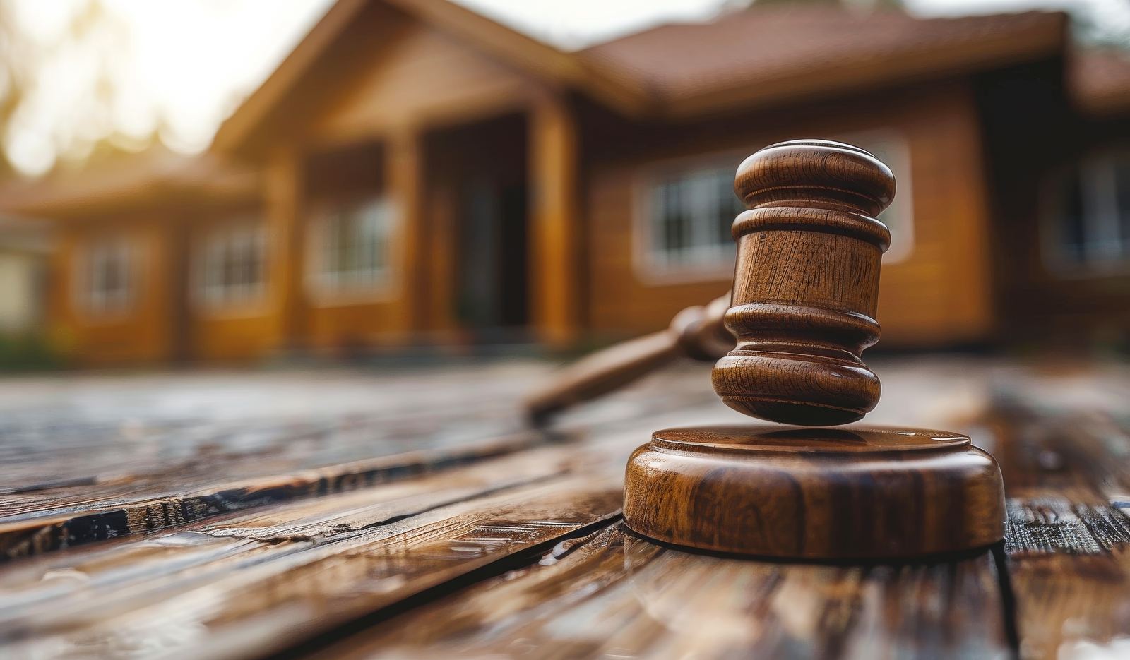 Gavel on a wooden table in front of a house