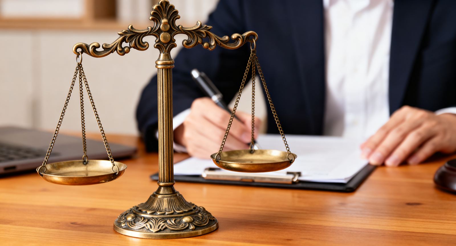 Scales of justice on a desk while a document is signed